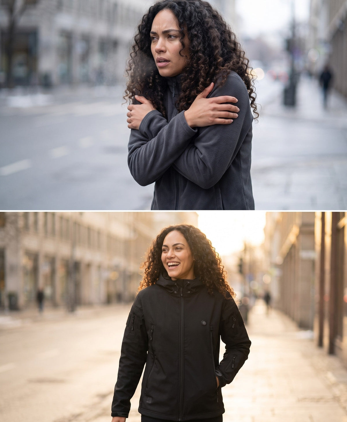 Woman cold and hugging herself in a thin fleece, then warm and laughing in the COZIVA heated soft-shell jacket