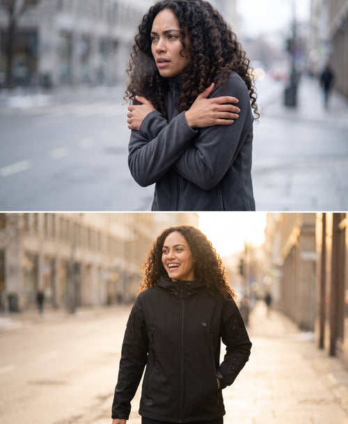Woman cold and hugging herself in a thin fleece, then warm and laughing in the COZIVA heated soft-shell jacket