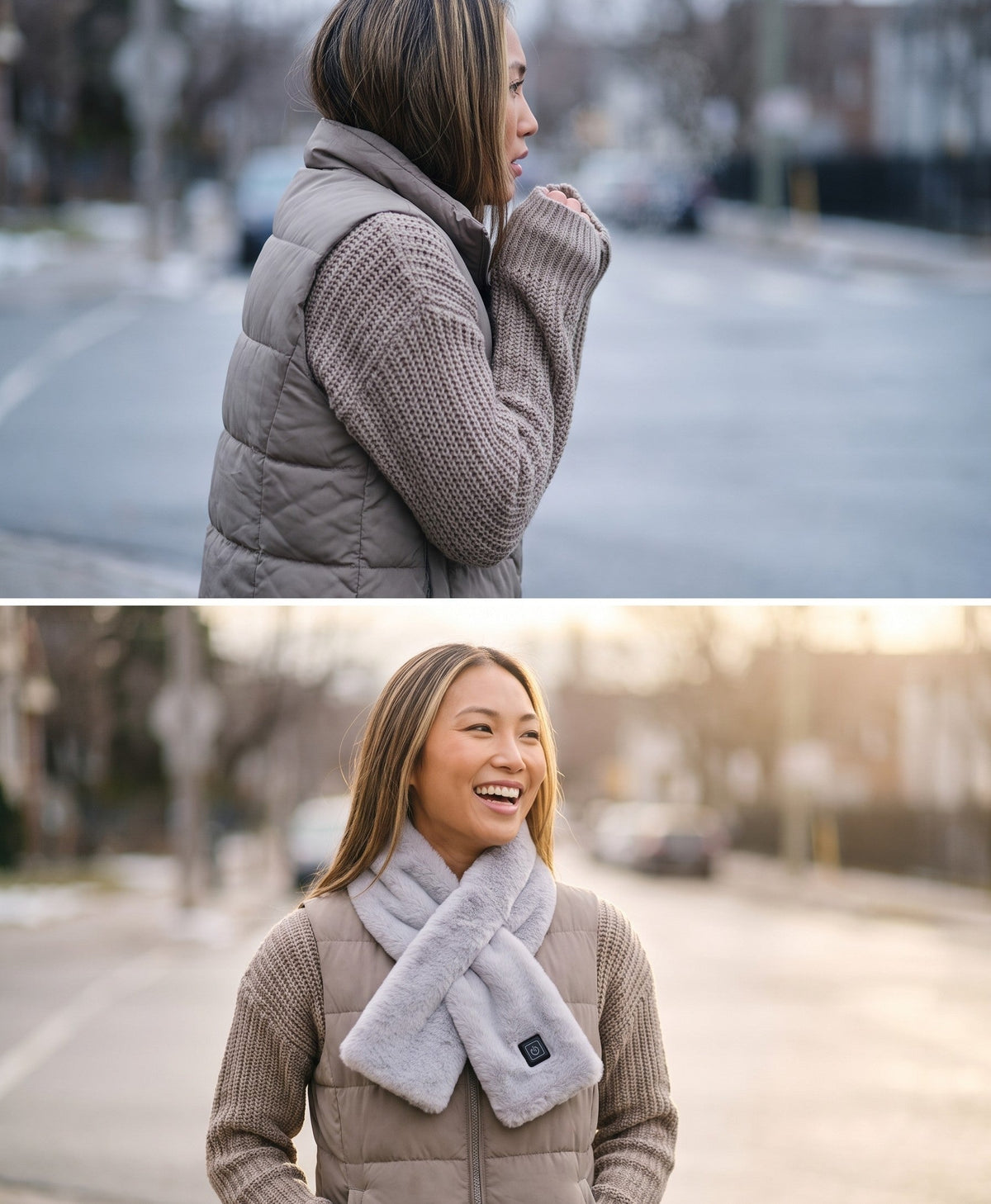 Woman shivering with a bare neck, then warm and smiling wearing the grey USB heated neck scarf
