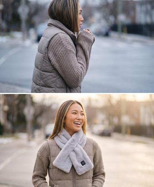 Woman shivering with a bare neck, then warm and smiling wearing the grey USB heated neck scarf