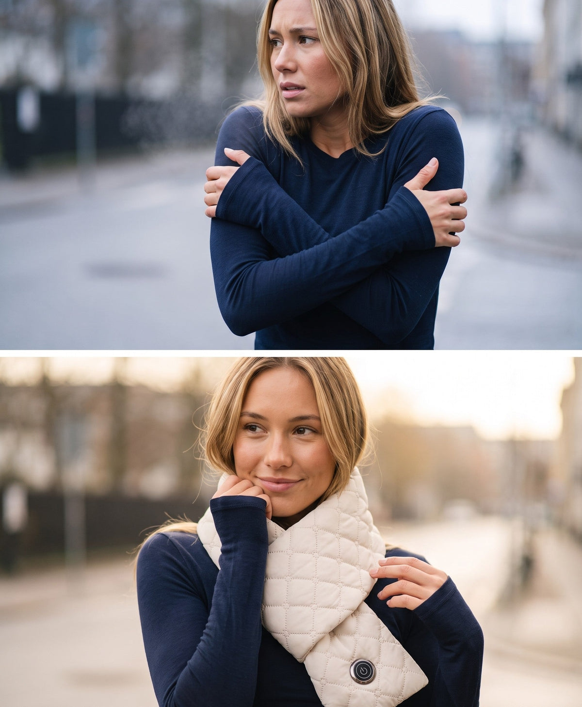 Woman cold in a thin top, then warm and content wearing the cream quilted heated scarf