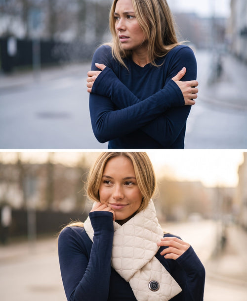 Woman cold in a thin top, then warm and content wearing the cream quilted heated scarf