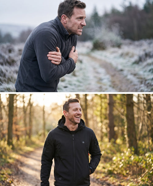 Man shivering in a thin fleece on a frosty trail, then warm and laughing in the heated soft-shell jacket