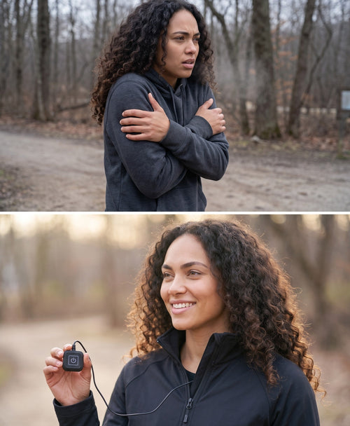 Woman shivering outdoors in a thin hoodie, then warm and smiling in a jacket with USB heating pads and the controller in hand