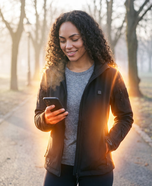 Woman in a black heated soft-shell jacket glowing with warmth on a cold morning park path
