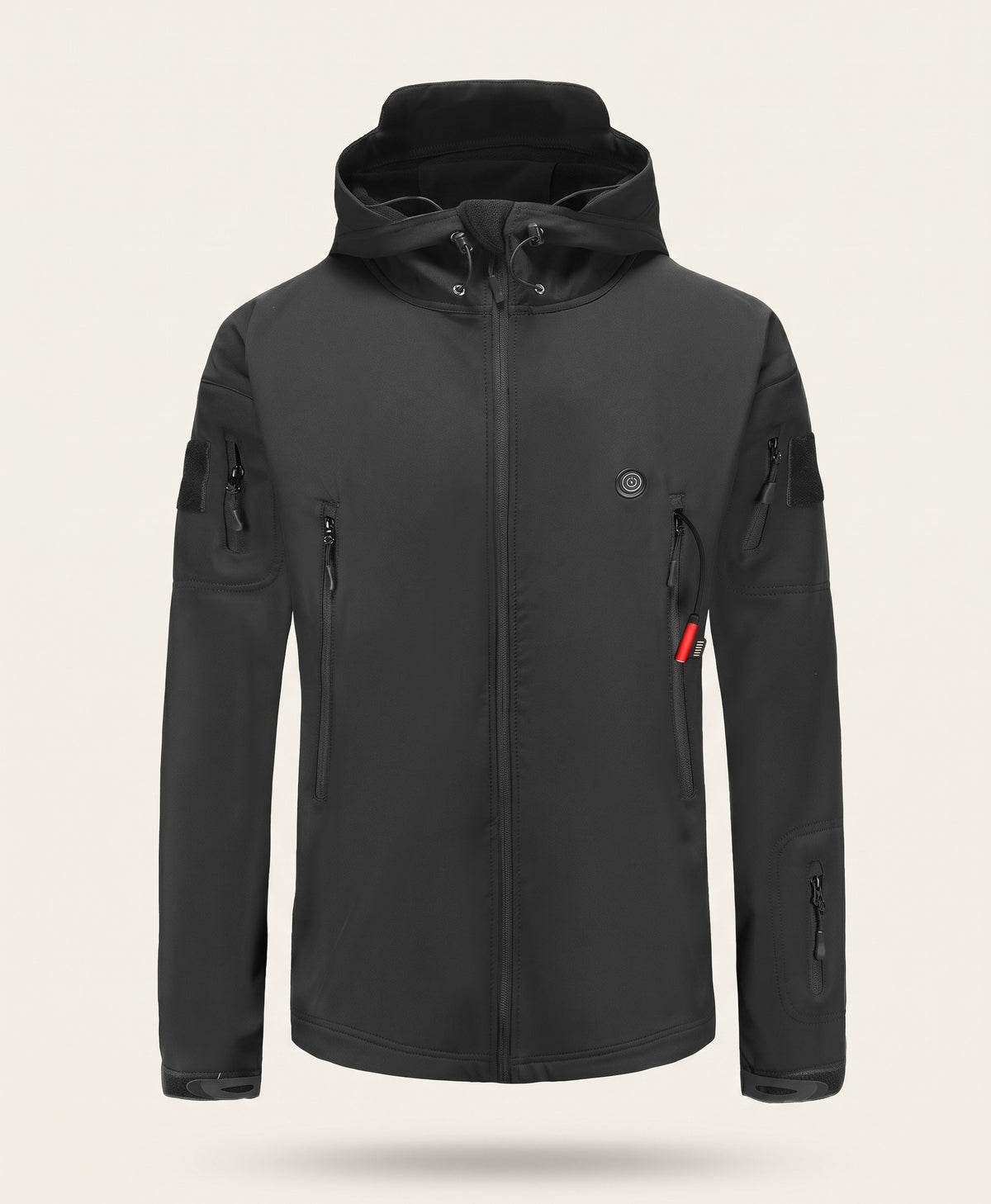 Women's black heated soft-shell hooded jacket, front view