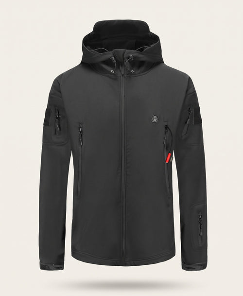 Black heated soft-shell jacket with hood - product photo
