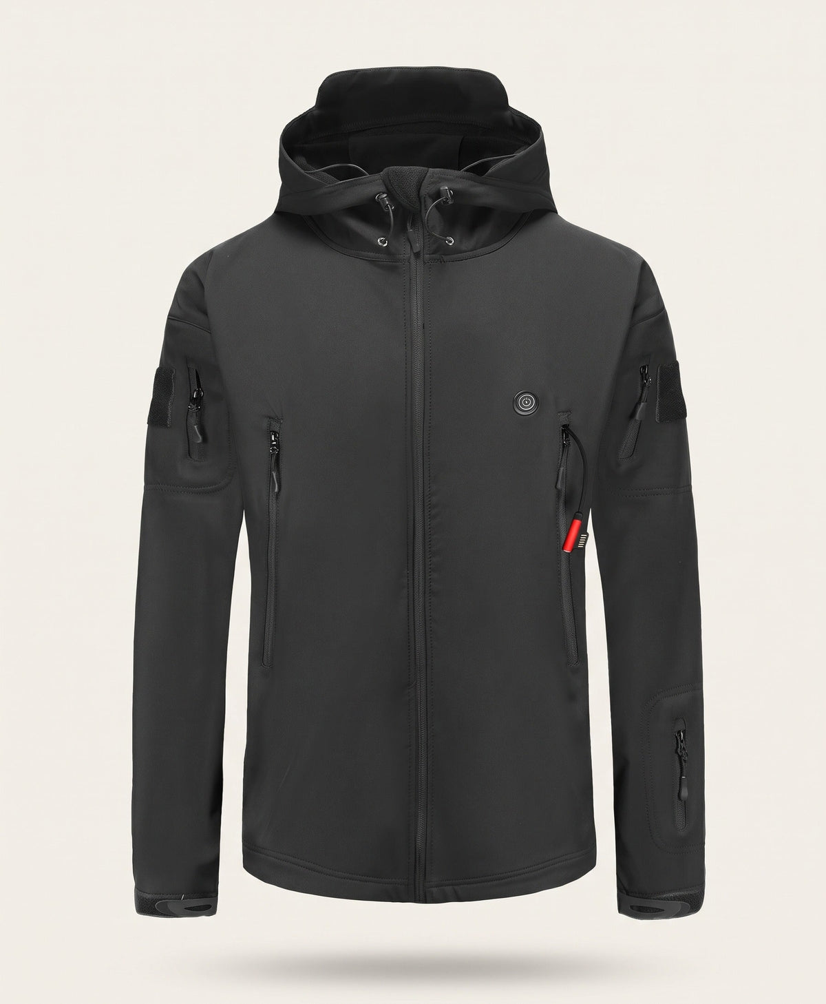 Black heated soft-shell hooded jacket, front view