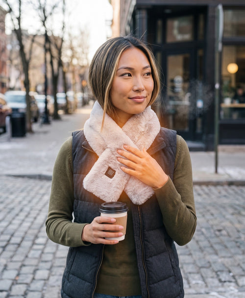 Woman on a cold city street in a grey plush heated neck wrap with a warm glow