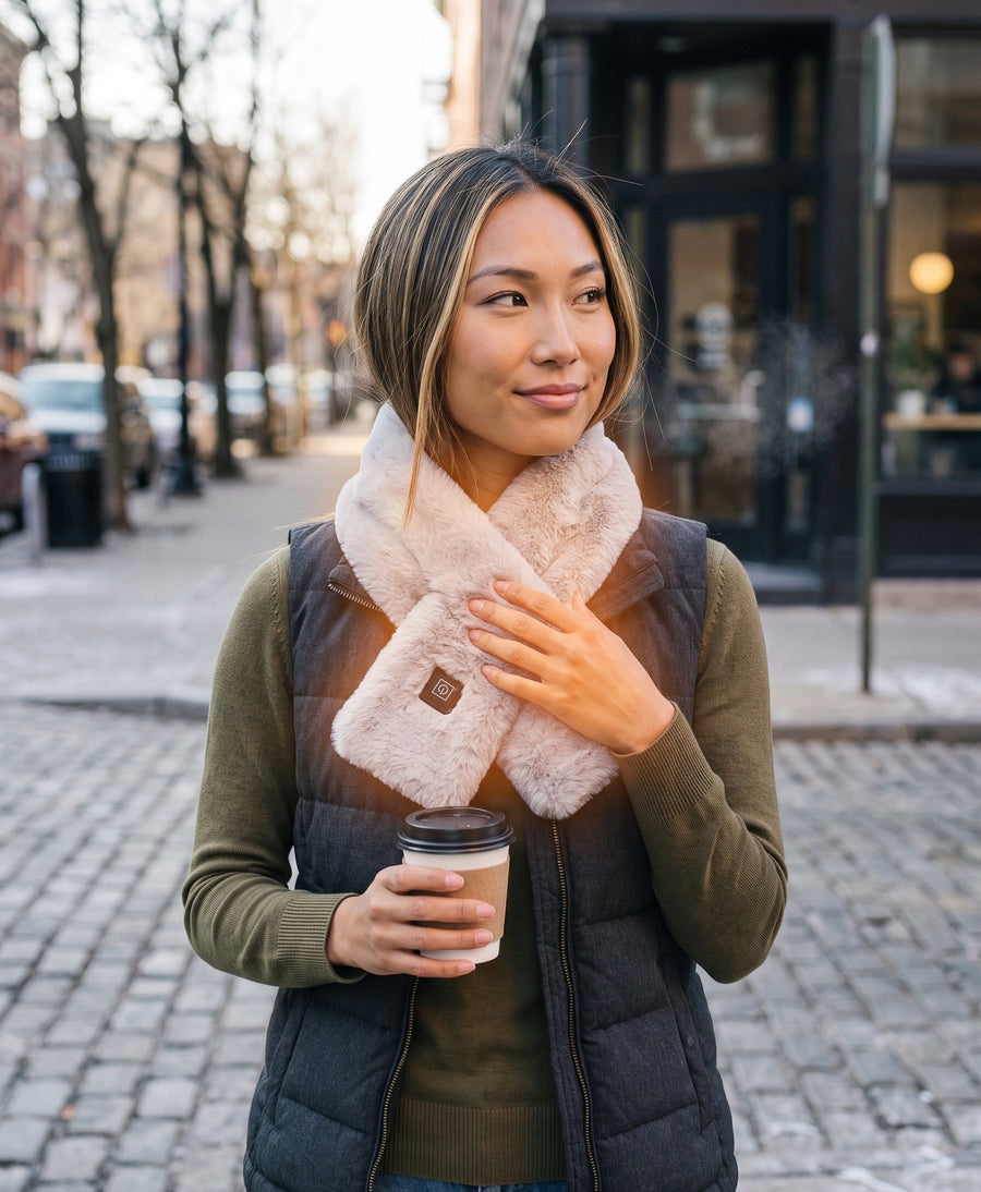 Woman on a cold city street in a grey plush heated neck wrap with a warm glow