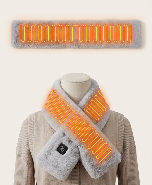 Grey plush heated neck wrap with glowing heating wire along its full length