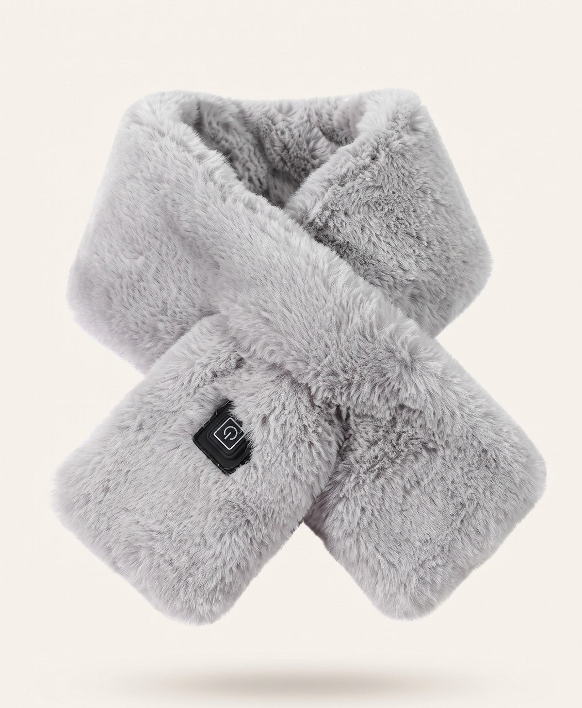 Grey plush heated faux-fur neck wrap with black power button