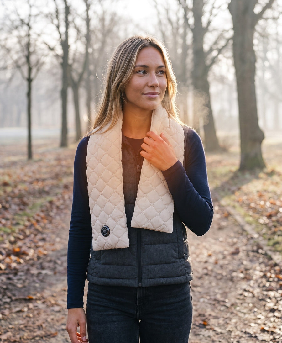 Woman walking in a park wearing a cream quilted heated scarf
