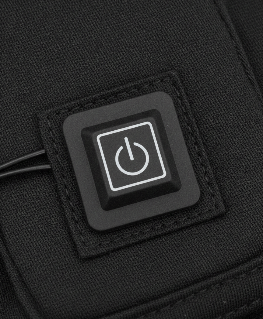 Close-up of the round power button controller on the heating pad set sewn into black fabric