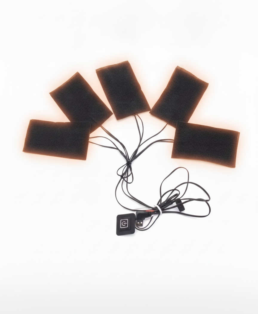 Black 12 x 8 cm heating pad with wires and the power button controller shown in a corner inset