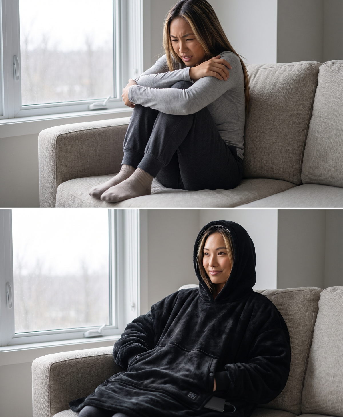 Before and after: chilly on the couch, then warm and cozy in the heated blanket hoodie