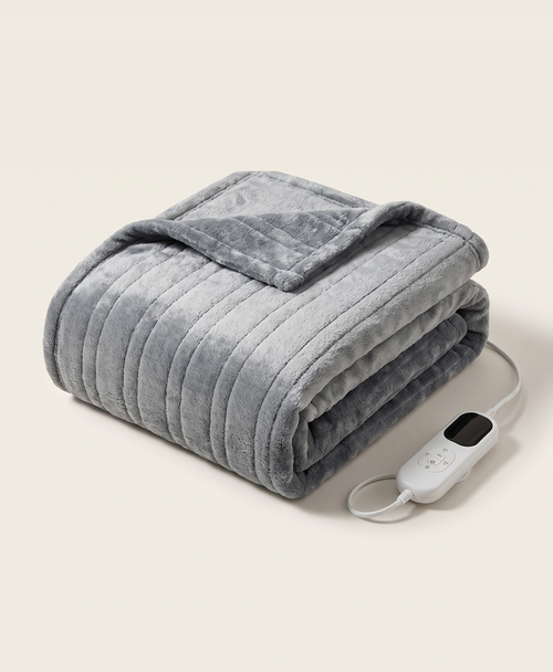 Folded gray electric heated blanket with white handheld temperature controller and cord