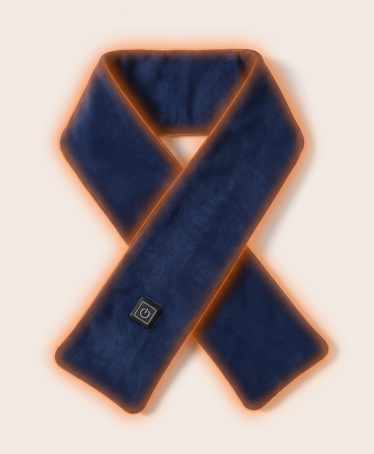 Navy blue heated scarf with a label showing green low, blue medium and red high temperature settings