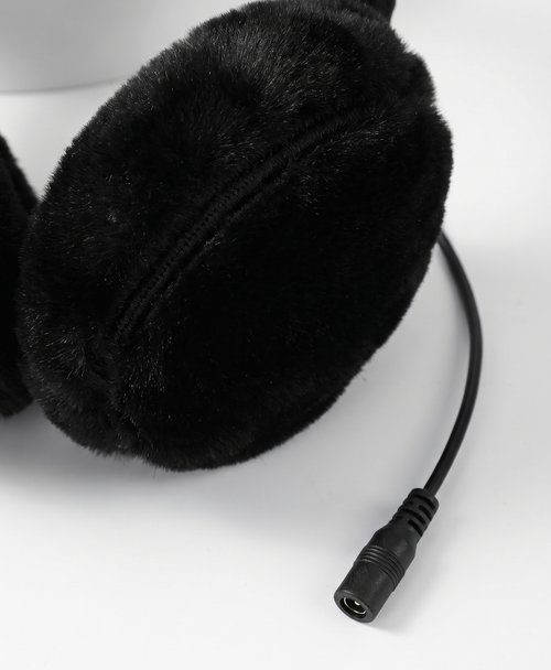Close-up of the plush gray earmuff cups and the cable connector plugs on the heated earmuffs