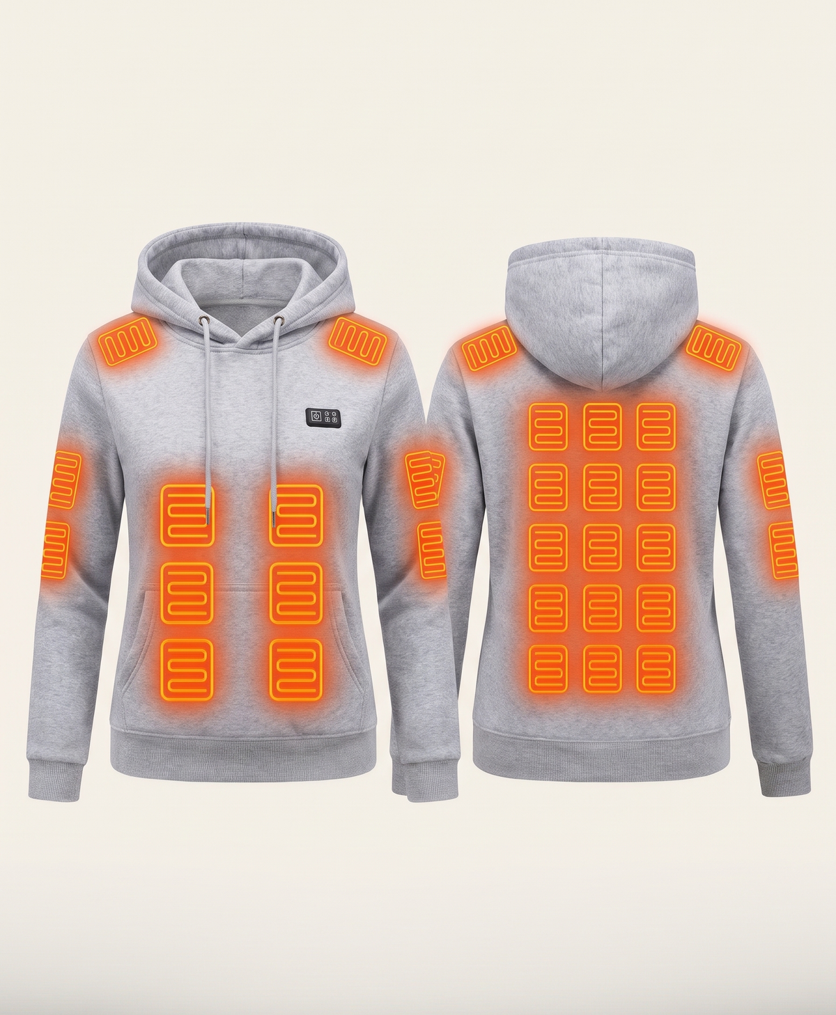 Gray heated hoodie showing 31 heating zones across shoulders, back, chest, abdomen and both arms