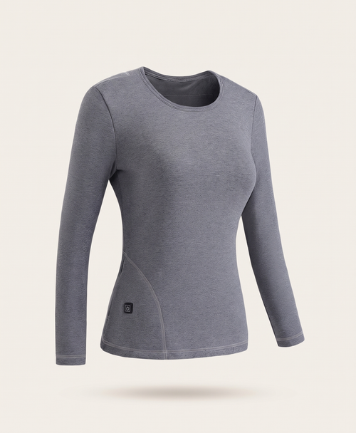 Gray women's heated thermal top, back view, showing stitched panel seams on the back and hem and long sleeves