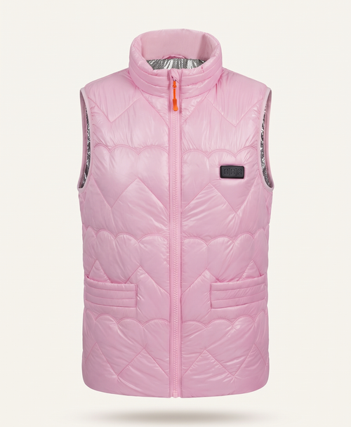 Pink women's heated vest on its own, showing the stand collar, front zip and two lower pockets