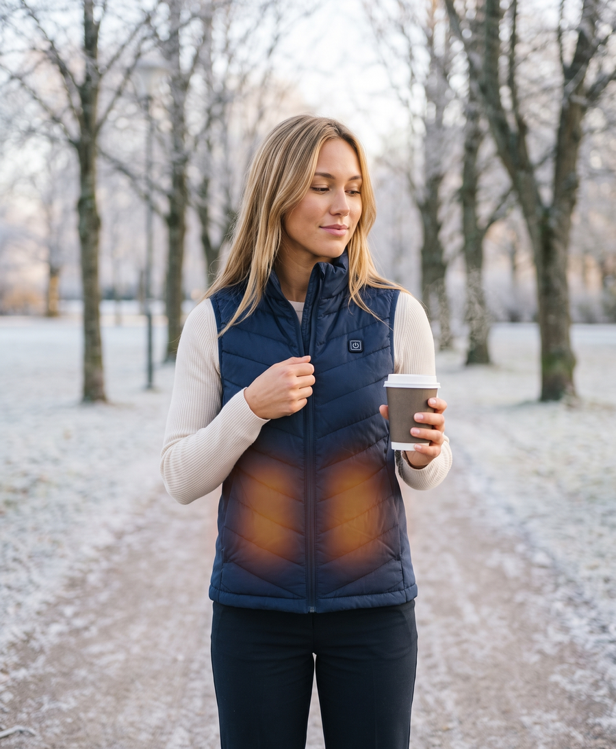 Blue quilted heated vest worn for cold weather, with stand collar, front zip and chest power button
