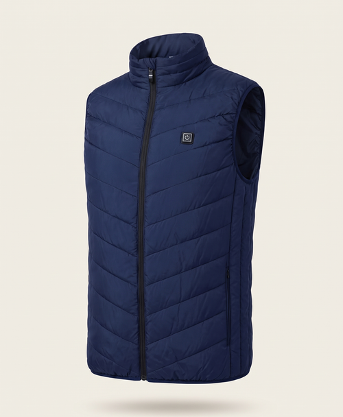 Blue quilted heated vest on its own, front view with stand collar, zip and chest power button