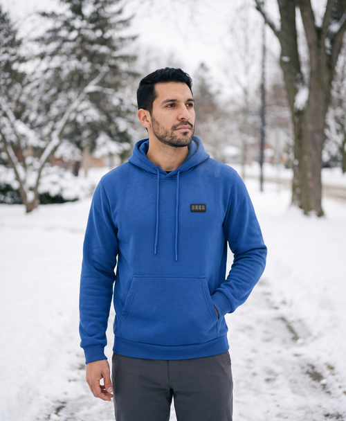 Sapphire blue men's hooded heated sweatshirt shown with glowing heating zones for cold-weather daily wear