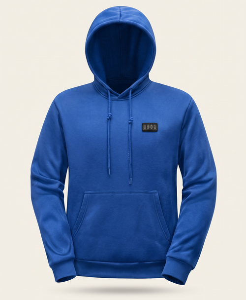 Sapphire blue heated hoodie with drawstring hood and ribbed cuffs, shown on its own with the chest control panel