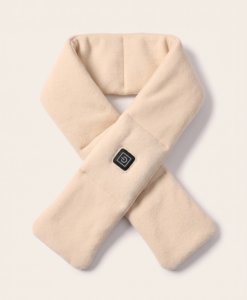 Khaki fleece heated scarf laid flat on a plain background, crossed over with the control button visible