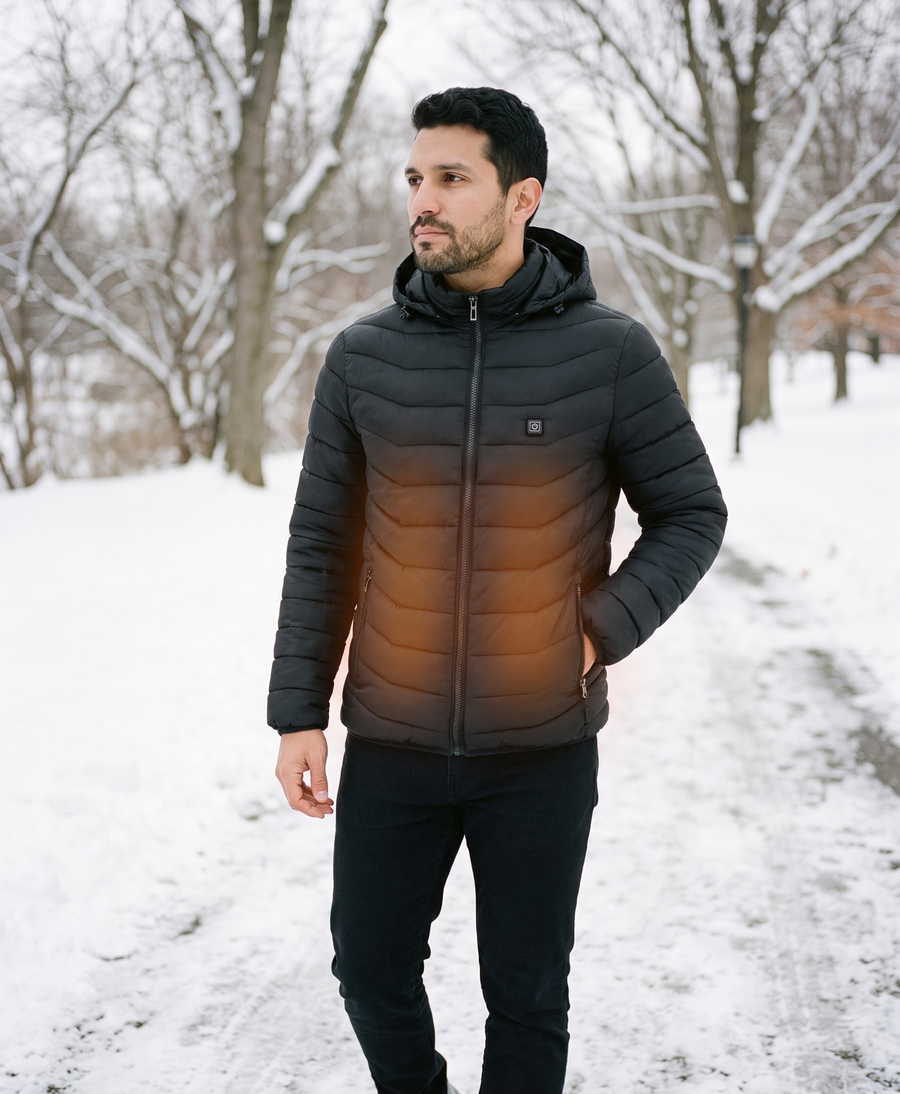 Men's black heated puffer jacket with hood, styled for cold winter days outdoors
