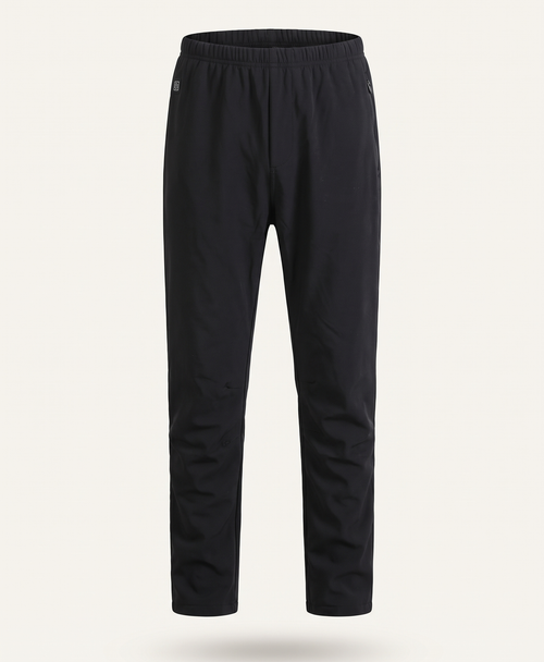 Black heated pants shown flat from the front and back