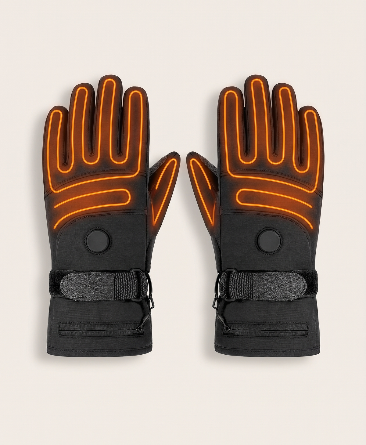 Pair of black heated gloves with red outlines marking the heating wire along the fingers and back of the hand