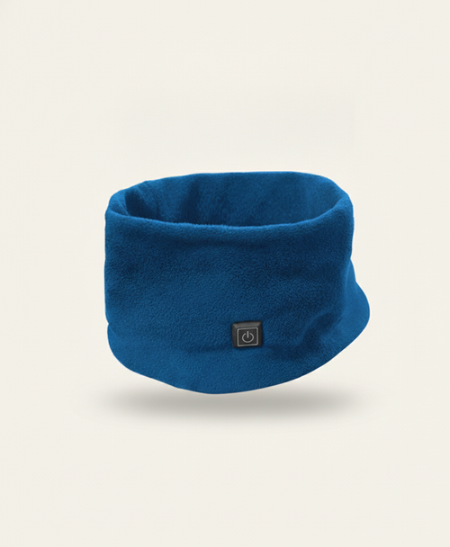 Blue fleece heated neck gaiter shown alone as a soft loop with the power button on the front