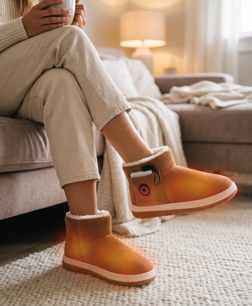 Brown heated booties with white plush lining held in one hand in a cozy home setting, lifestyle photo