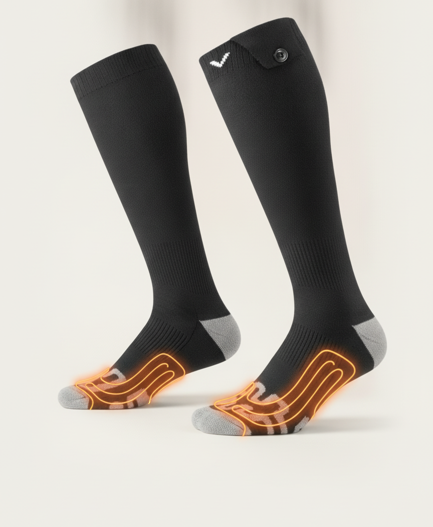 Black heated socks showing heat around the soles, instep and toes, with layered knit and heating wire detail
