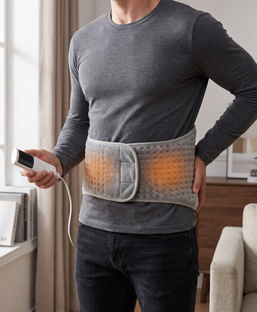 Gray micro-plush heated waist belt resting on a lap in a living room, with fast heating, soft touch and overheat protection icons