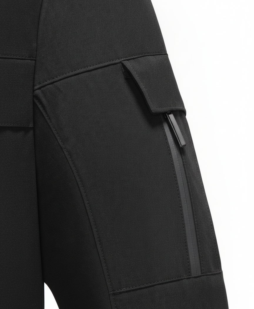 Close-up of the black jacket's high collar, lined interior, chest pocket zips and sleeve pocket