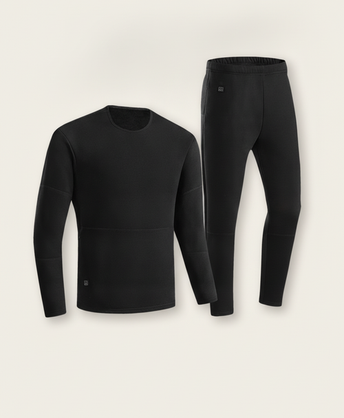 Black heated long johns set, crew-neck long-sleeve top and pants with power buttons, shown on a plain white background