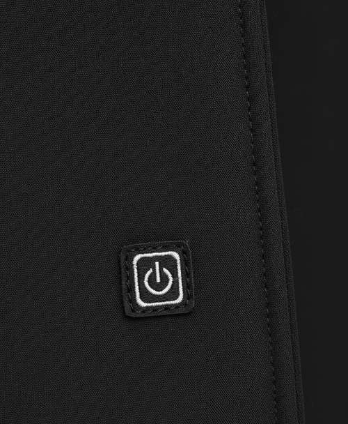 Close-up of the black thickened double-layer nylon fabric and plush inner lining on the heated long johns top collar