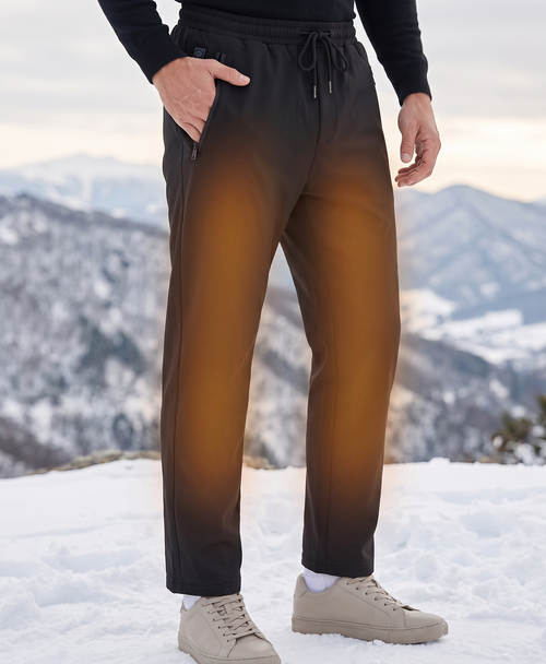 Black 12-zone heated pants shown with heating panel diagram on the waist, thighs and legs, plus a man and woman wearing them