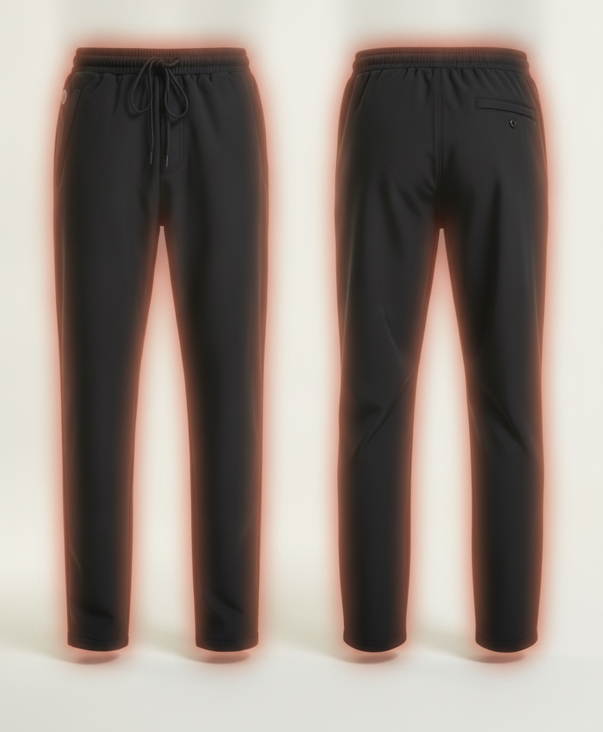 Heat-zone photo of black heated pants with glowing heating panels on the waist, thighs, knees and lower legs