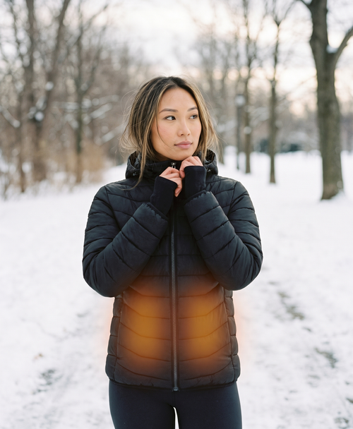 Women's black heated puffer jacket with hood, front zip and chest power button, shown with heat zones lit