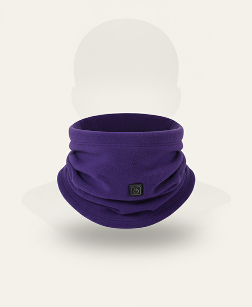 Purple fleece heated neck gaiter shown alone as a single loop with the power button on the front