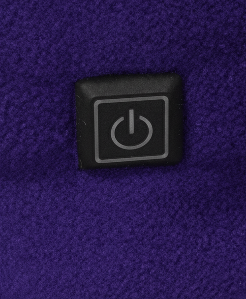 Close-up of the power button on the band of the purple fleece heated neck gaiter