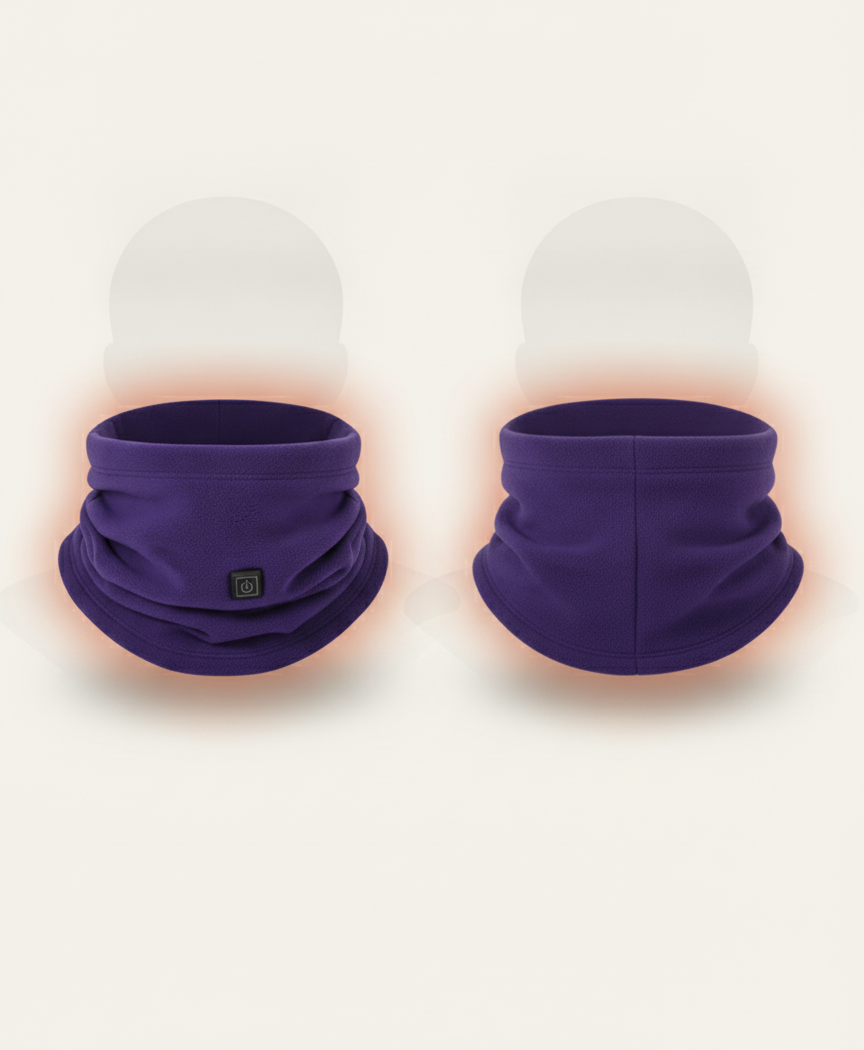 Purple heated neck gaiter with heating pattern glowing at the back of the neck and the three-level indicator lights