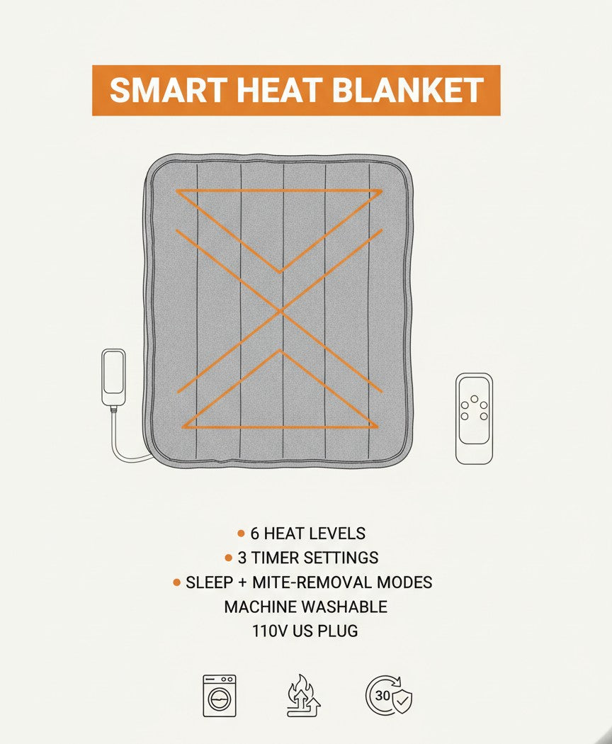 Electric Heated Blanket Throw, 6 Heat Levels, Timer, Machine Washable Grey Flannel for Couch & Bed, 59 x 71 in