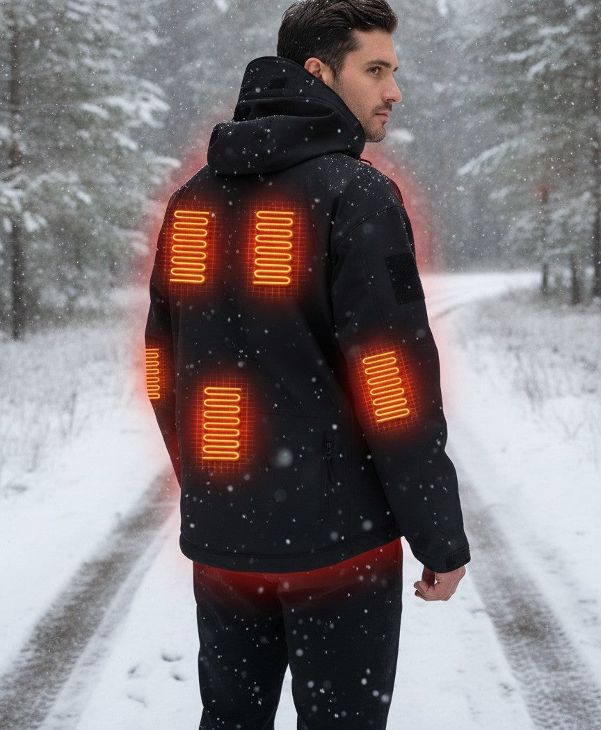 Heated Jacket for Men & Women, Soft-Shell Hooded, USB Powered, 7 Heating Zones, Fleece-Lined for Hiking & Work