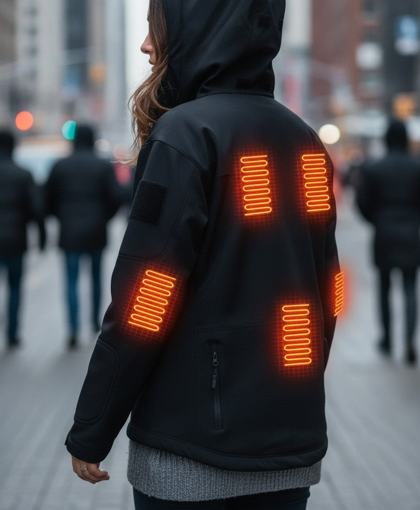 Heated Jacket for Men & Women, Soft-Shell Hooded, USB Powered, 7 Heating Zones, Fleece-Lined for Hiking & Work